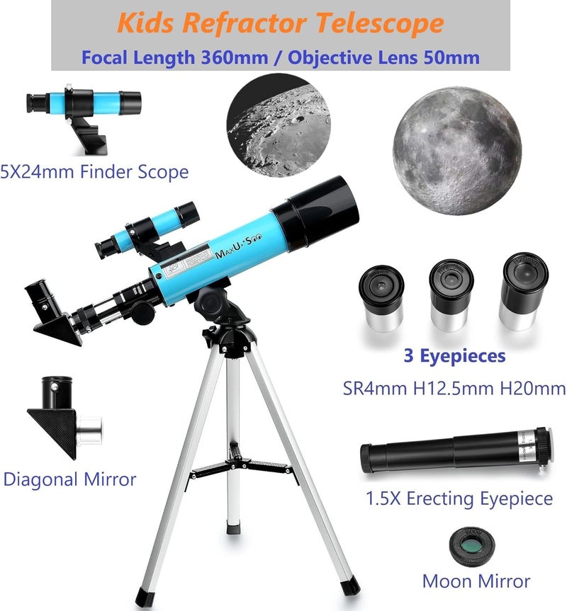 MaxUSee Lunar Telescope for Kids and Astronomy Beginners, Refractor Telescope with Finder Scope and 3 Eyepieces, Travel Telescope with Compact HD Binoculars for Moon Viewing Bird Watching Sightseeing - Image 2